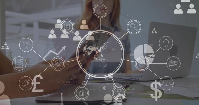 Animation of icons around globe, symbols and numbers on senior caucasian man using cellphone