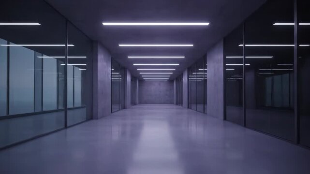 Modern architecture, empty corridor with glass walls and windows in a minimalist office building design, creating a futuristic technology atmosphere.