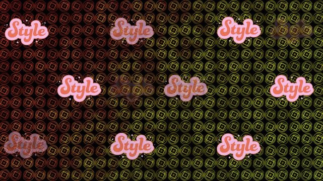 Animation of style text banners over abstract shapes in seamless pattern against black background
