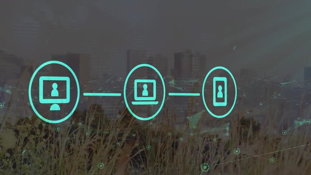 Animation of network of digital icons and plexus networks against aerial view of cityscape