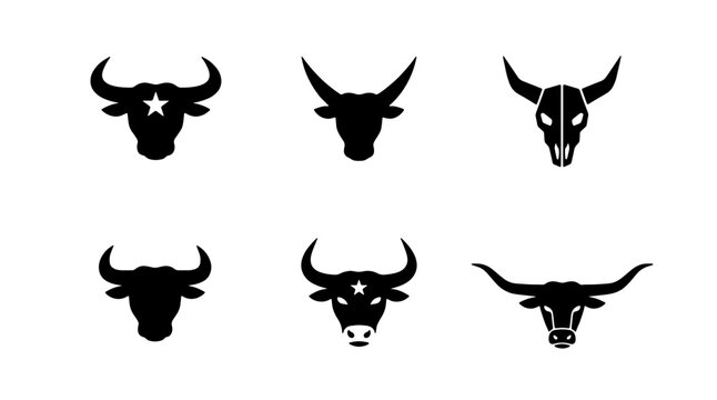 Bull head silhouette icons, 6 cattle skull vector set, western buffalo logo elements