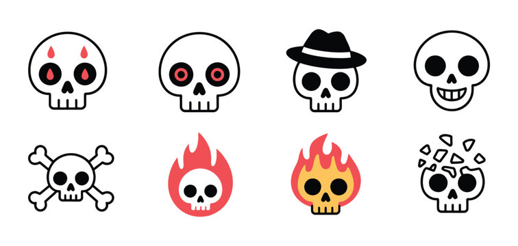 Set of various cartoon skull and crossbones icons in different styles, cute, angry, bloody, fire, and cracked variations, vector illustration for Halloween, horror themes, toxic warning, and edgy grap