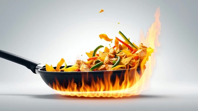 Sizzling stir-fry ingredients explosively fling from a flaming hot wok on fire.