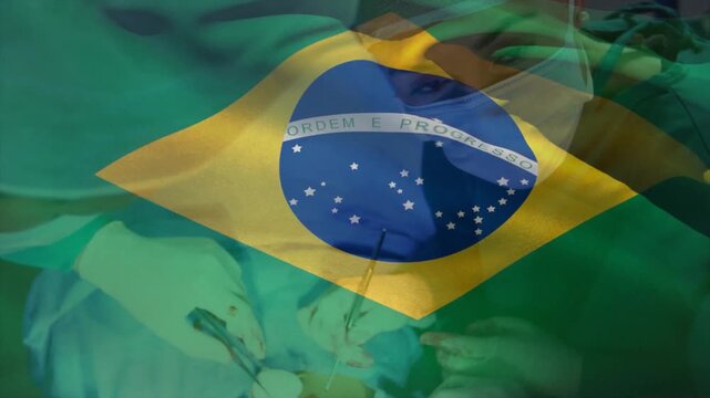 Brazilian flag overlay waving, surgeon cauterizing bleeding, suturing incision and closing wound