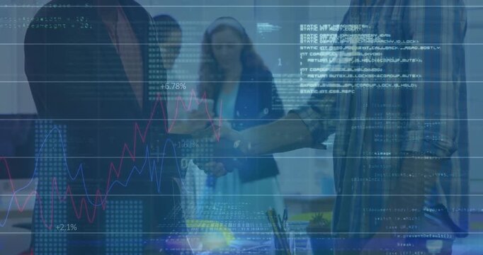 Businessman extending hand shaking peer hand and sealing deal as charts rising with code scrolling