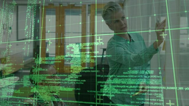 Lead picking sticky note writing board organizing business plan as green code drifting across view