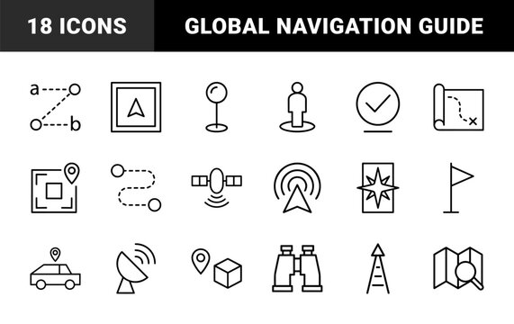 Minimalist navigation and map location line icon set