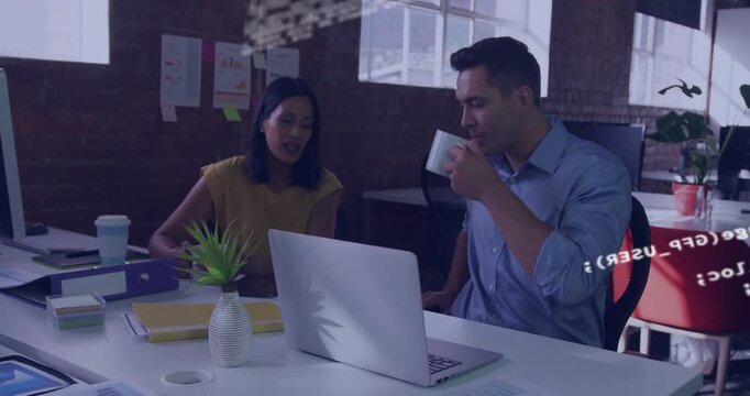 Coworkers reviewing laptop, debugging code, woman pointing, code overlay shifting, revealing screen
