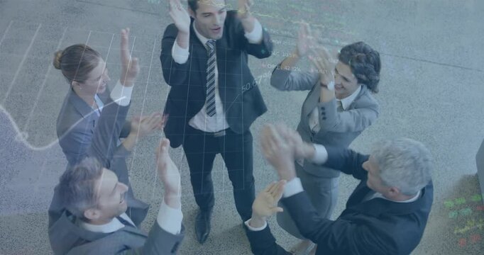 Business team of six stacking hands pumping celebrating high-fives and handshake with chart overlay