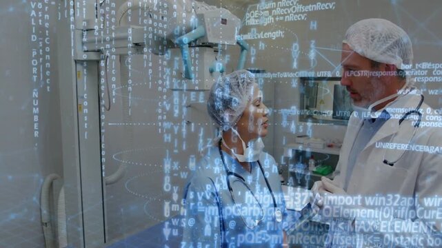 MD entering, nurse turning and gesturing, reviewing medical scan via tablet with blue data overlay