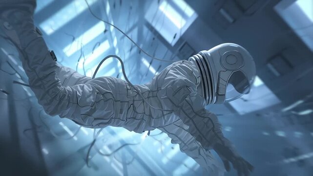 Astronaut floats in zero gravity inside a futuristic space station with metallic walls.