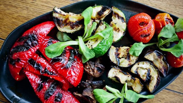 Grilled vegetable platter motion on wooden table, healthy diet food preparation, appetizing vegan dish.