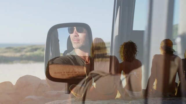 Driver parking watching mirror reflecting at travel stop overlay showing group shifting on rocks