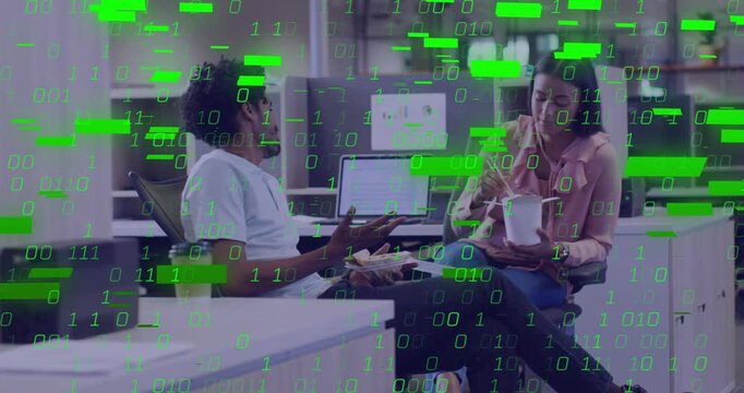 In office man speaking, woman using chopsticks, laptop on, binary overlay growing, visualizing data