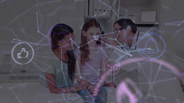 Vertical video: Kid as doc using otoscope, checking ear, parent holding, phone shifting over trio