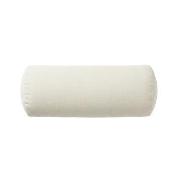 A perfectly cylindrical off-white bolster pillow with textured linen-like fabric, isolated on a transparent background with soft shadows, highlighting minimalist product design