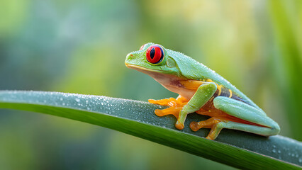 Obraz premium A green frog with red eyes sitting on a leaf in a natural environment with water droplets on the leaf surface in daytime