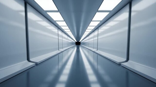 A pristine, well-lit futuristic tunnel with white glossy walls and a blue-grey reflective floor, featuring ceiling panel lighting and a symmetrical perspective design.