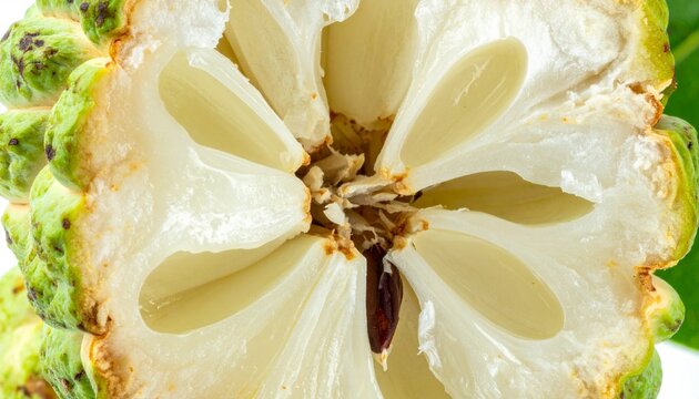 Macro Sweet Sop Cross-Section: Creamy Segments and Seeds of Sugar Apple