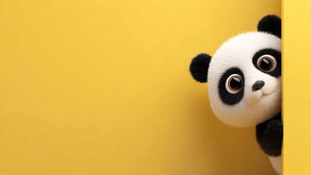 Cute panda bear peeking from behind a yellow wall with big eyes looking curious and playful in a fun cartoon style