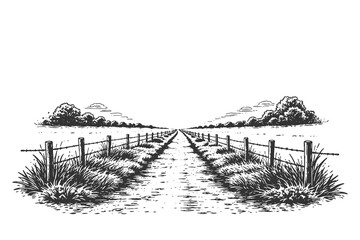 Naklejka premium Rural farm road landscape vector illustration with wooden fence and fields, vintage woodcut style countryside scenery for agricultural design projects.
