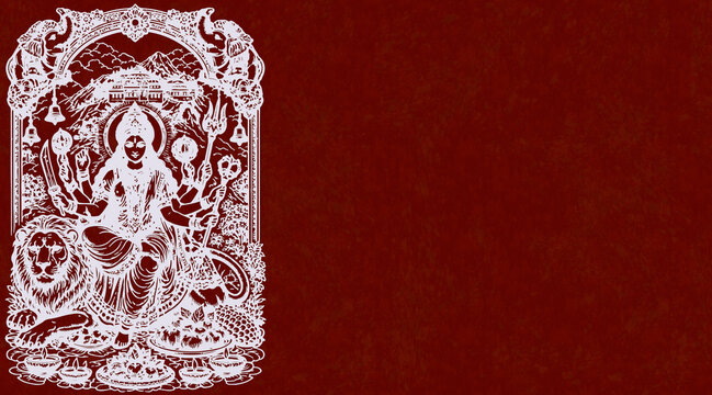 Divine Mother Vaishno Devi seated on Lion with Trikuta Mountain Landscape