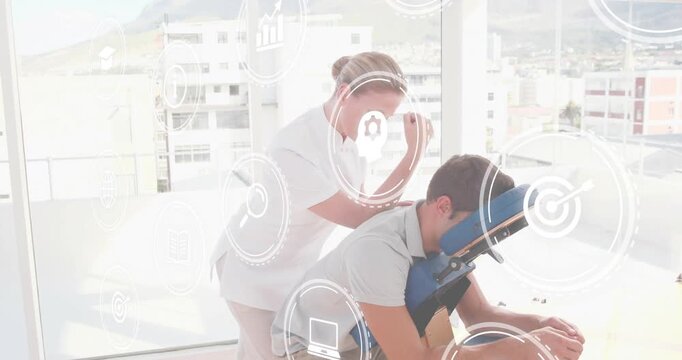 Therapist using arm pressure for relief after client leaning into chair, HUD overlay showing health