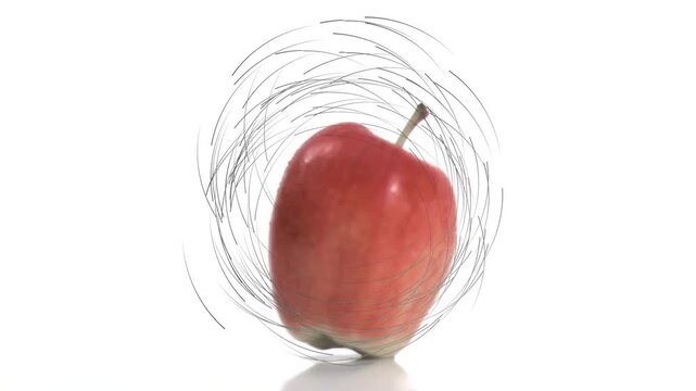 Red apple getting nudge, wobbling on shiny white surface, sketch swirl syncing motion for branding