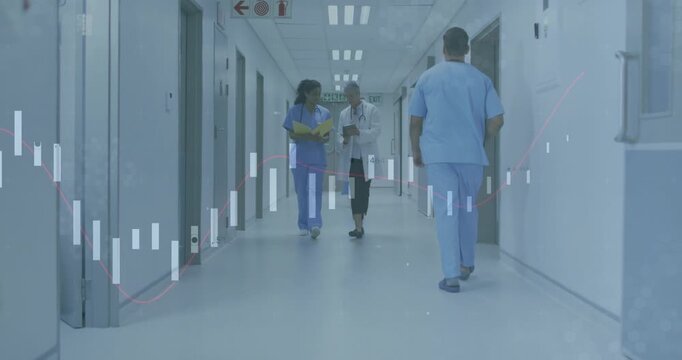 Doctor and nurse walking forward in hospital, using tablet and yellow folder while bars overlaying