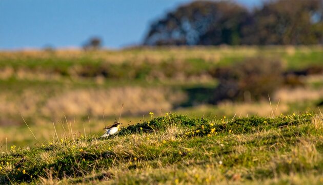 wild wheatear bird perched on grassy meadow in soft natural light