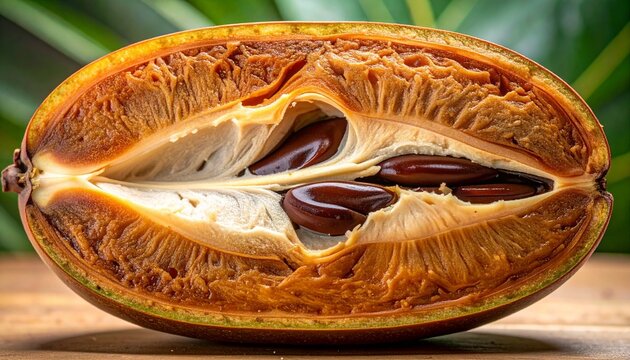 Macro cross-section of ripe sapote fruit with creamy pulp and dark seeds on wooden surface