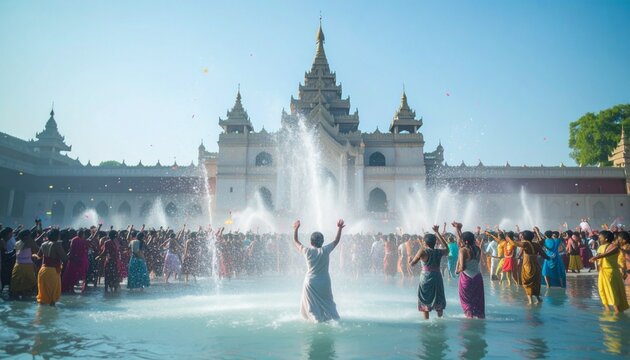 Joyful woman with arms raised celebrating Thingyan water festival at a temple, Generative AI