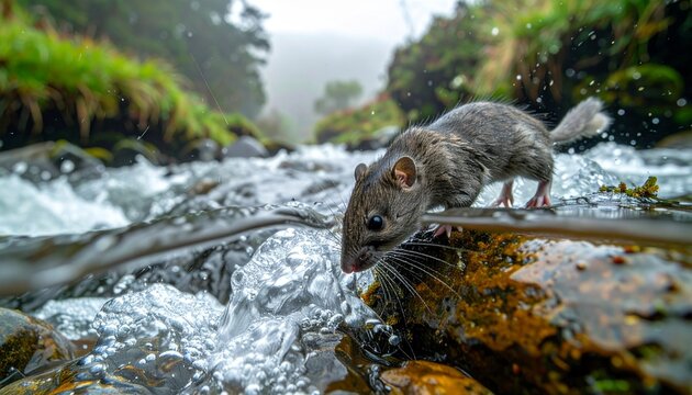 Wild water shrew hunting in forest stream with silvery air bubbles on fur
