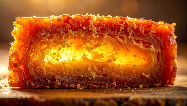 Golden quince paste slice with caramelized crust on rustic wooden board