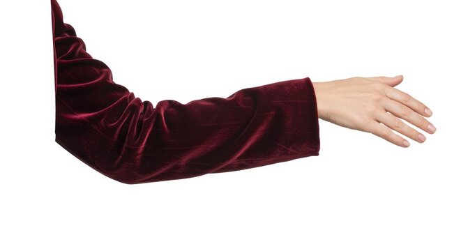 burgundy velvet evening jacket refined female arm isolated on white with elegant sleeve line