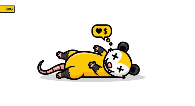 Cute cartoon possum playing dead with money and love symbol in thought bubble