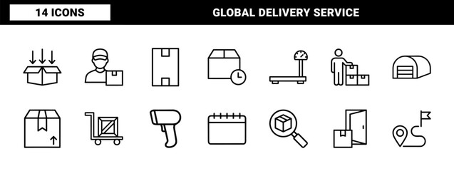 Fototapeta premium Logistics and shipping line icons for delivery and supply chain services.
