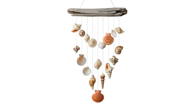 A beautiful seashell wind chime hanging from a piece of driftwood on a white background