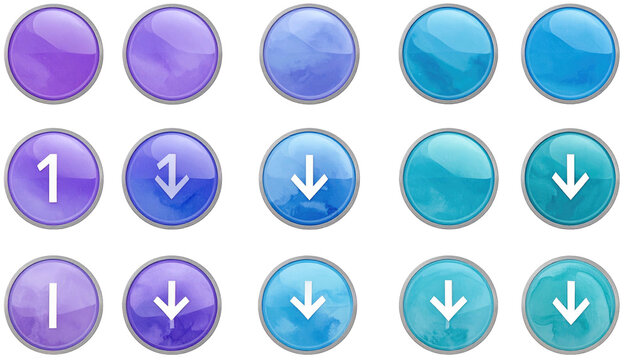 Several colored, glass-like circular buttons with gradients, arrows, or numbers inside, isolated on black