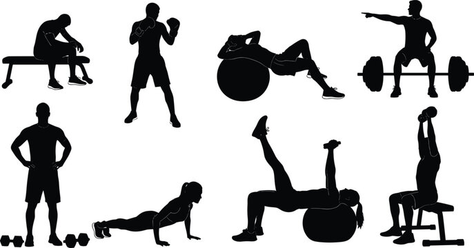 Collection of fitness and gym workout silhouettes featuring people exercising with weights, dumbbells, boxing, pushups, sit-ups, and athletic training icons on white background