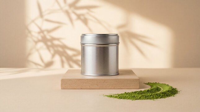 Silver matcha tin mockup on wooden pedestal with green powder and bamboo shadows