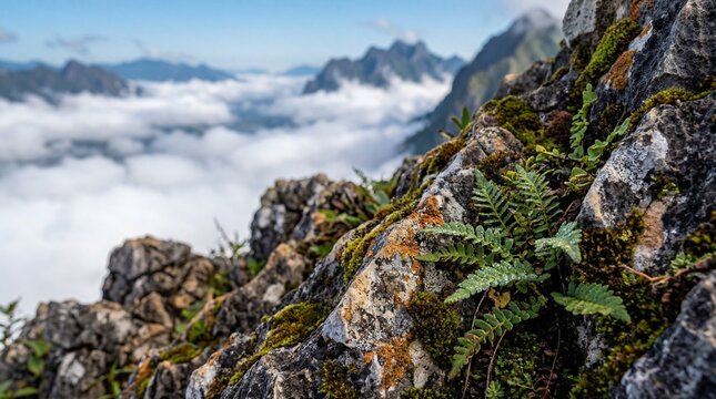Close up of green ferns and moss on rugged mountain rock above a sea of clouds in a high altitude landscape