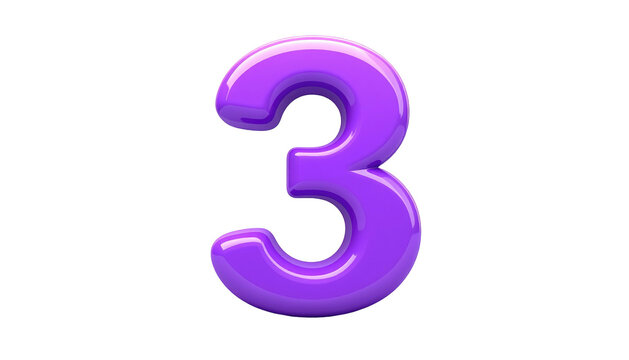 A 3D render of the number three, rendered in a shiny, glossy purple material against a stark black background