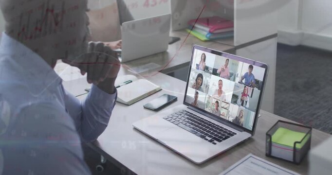 Man leaning, watching laptop 3x3 business meeting grid, data overlays mapping metrics over laptop