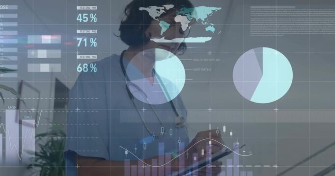 Female clinician tapping tablet and summoning animated charts and maps while analyzing medical data