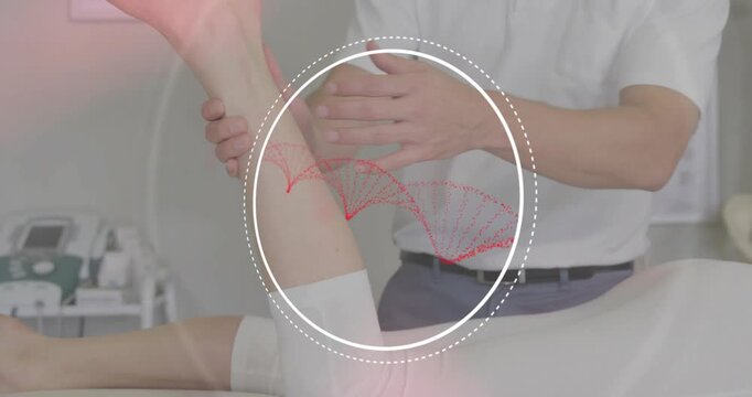 Vertical video: Therapist placing hand on thigh, mobilizing ankle for assessment with red waveform