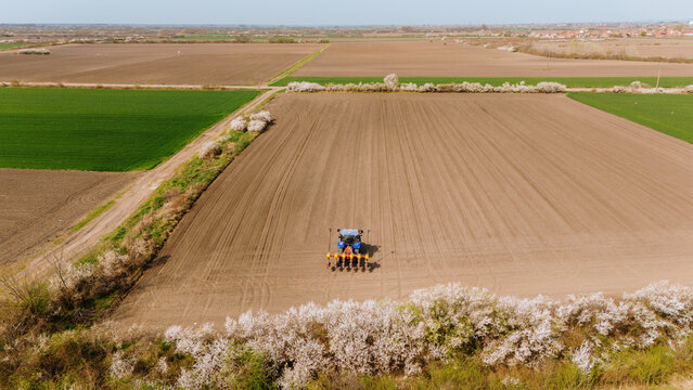 Aerial view of a tractor working the soil, creating patterns of dark earth against the bright green fields, bordered by blooming trees, Sremska Mitrovica, Vojvodina, Serbia.