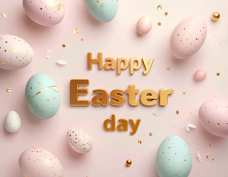 Happy Easter Day 3D Gold Typography with Pastel Ornamented Eggs