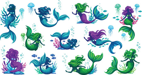 Vector collection of dynamic mermaid silhouettes and sea life featuring colorful jellyfish coral and bubbles for undersea adventure and fantasy designVector collection of dynamic mermaid  © Monirul