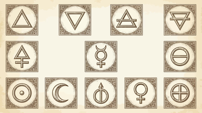 Explore a stunning vector compilation of ancient alchemical and elemental symbols, beautifully crafted for mystical and spiritual design projects